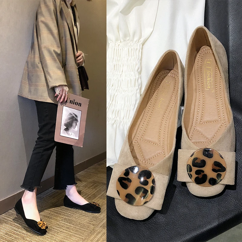 Korean fashion leopard buckle flat with shallow mouth women's shoes suede square head soft bottom casual | Обувь