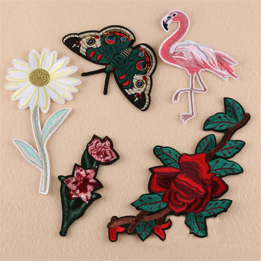 High Quality 1pc Flamingo Butterfly Flower Rose Embroidered Patches for Clothing Iron on Badge Clothes Sticker Stripes Applique | Дом и сад