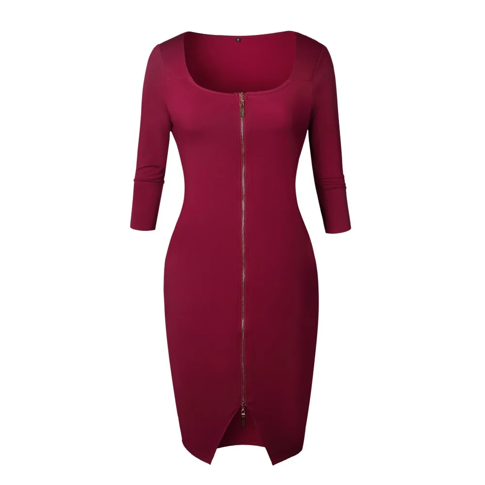 2019 Весна сексуальная женщина 3/4 рукав молния Bodycon платья для женщин Высокая талия