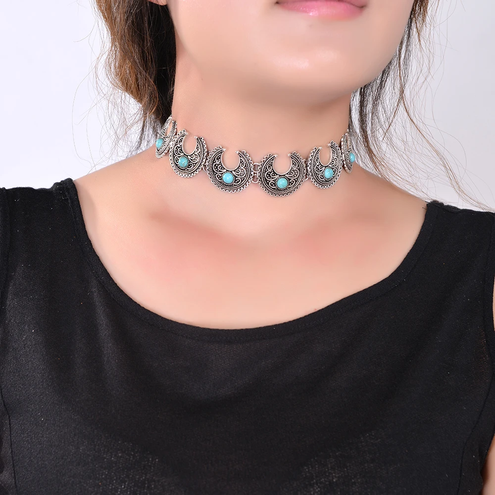 

2019 Vintage Ethnic style Bohemia stone Beads Choker Necklace Jewelry Tibetan Silver jewelry for Women Neck Boho Necklace