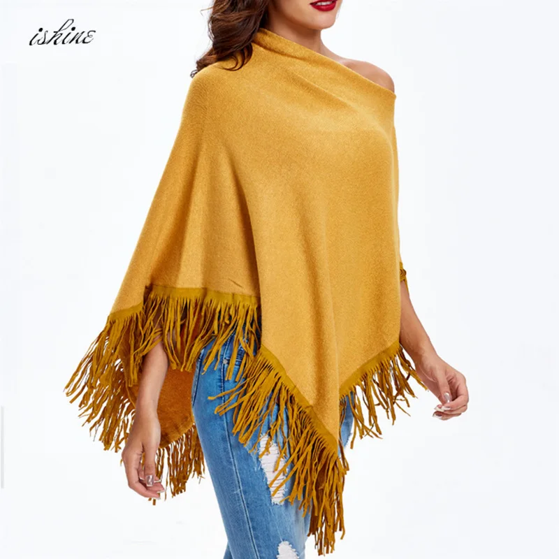 Женский осенне-зимний вязаный шерстяной свитер пончо шаль однотонный пуловер