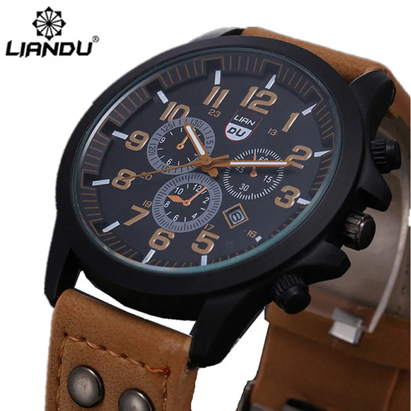 Новый Бизнес Кварцевые часы Мужчины спорт Военная Часы Кориум Кожаный Ремешок