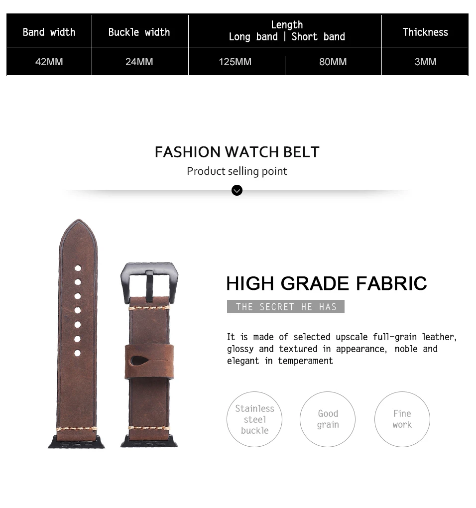 BEAFIRY For Apple watch iwatch Watch Band Straps 42mm Genuine Crazy Horse Calfskin Leather Dark Brown Light Brown Grey