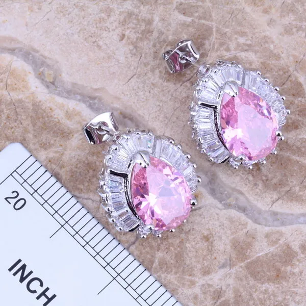 Редкий розовый белый фианит Посеребренные Ювелирные наборы серьги кулон кольцо