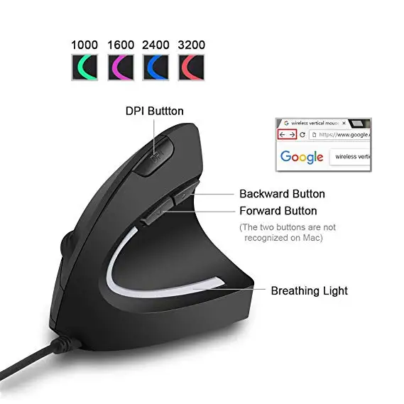 Проводная вертикальная мышь 5-Gen 3200 точек эргономичная Подсветка USB PC запястье для