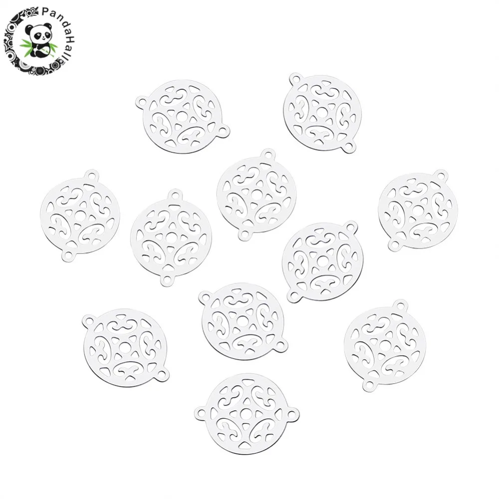 

20pcs Connectors Platinum Tone Flat Round 202 Stainless Steel Filigree Links For Jewelry Making DIY Earring 19x15x0.2mm Hole 1mm