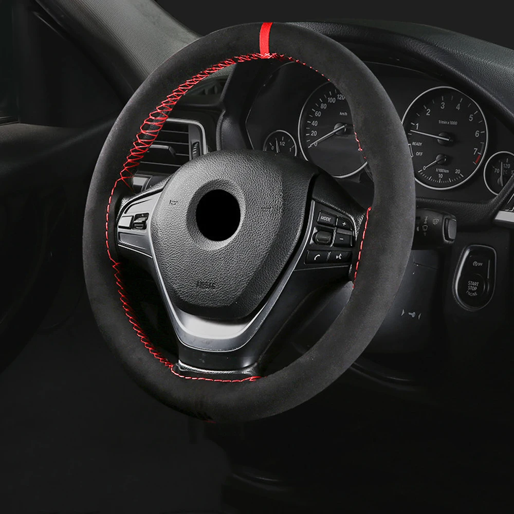 

Hight Quality Suede Material Car Steering Wheel Cover 38cm Sweat-Absorbent Anti-slip Hand Sewing Steering Wheel Braid Thread