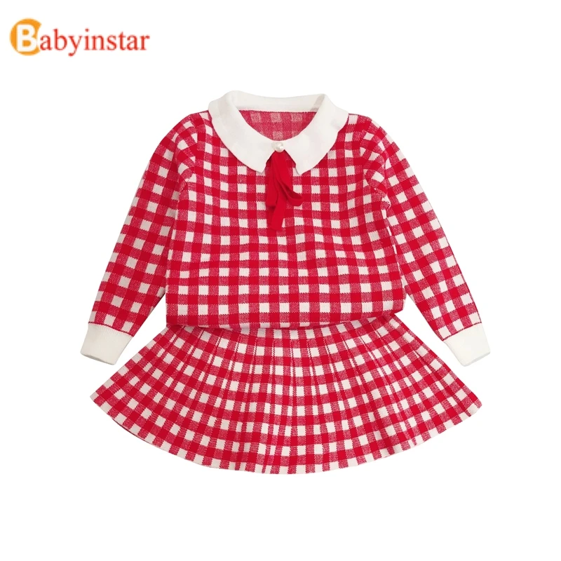 Babyinstar/комплект одежды для девочек, вязаный свитер в клетку+ юбка, 2 предмета, Милая зимняя одежда для девочек, комплекты с юбкой для малышей, верхняя одежда