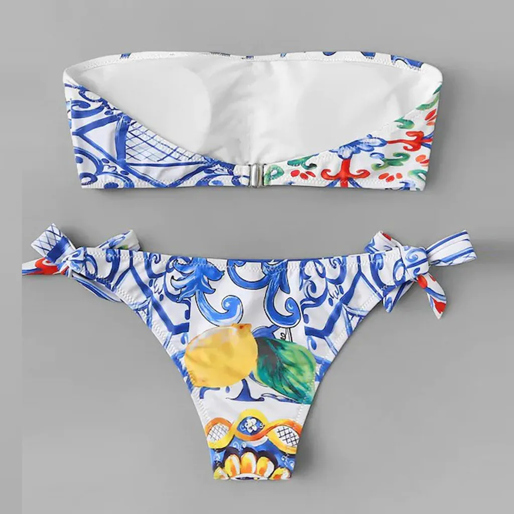 Женский купальник бикини с высокой талией бандо цветочным принтом пляжный в