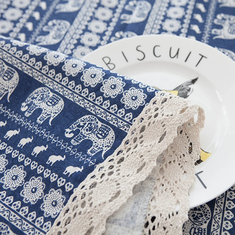 Скатерть из чистого льна кофейная чайная синяя с изображением слона для дома
