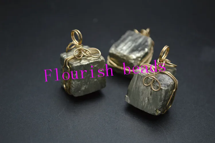 Натуральный пирит обернутый проволокой грубый камень Квадратный Кулон модное