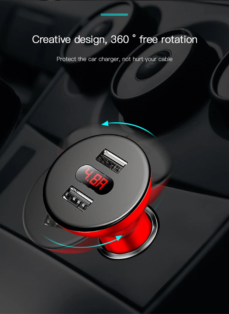 Baseus 4.8A USB Автомобильное зарядное устройство 360 вращение дисплей плеер Зарядное устройство для iPhone 7 6 samsung Xiaomi huawei автомобильное зарядное устройство для мобильного телефона