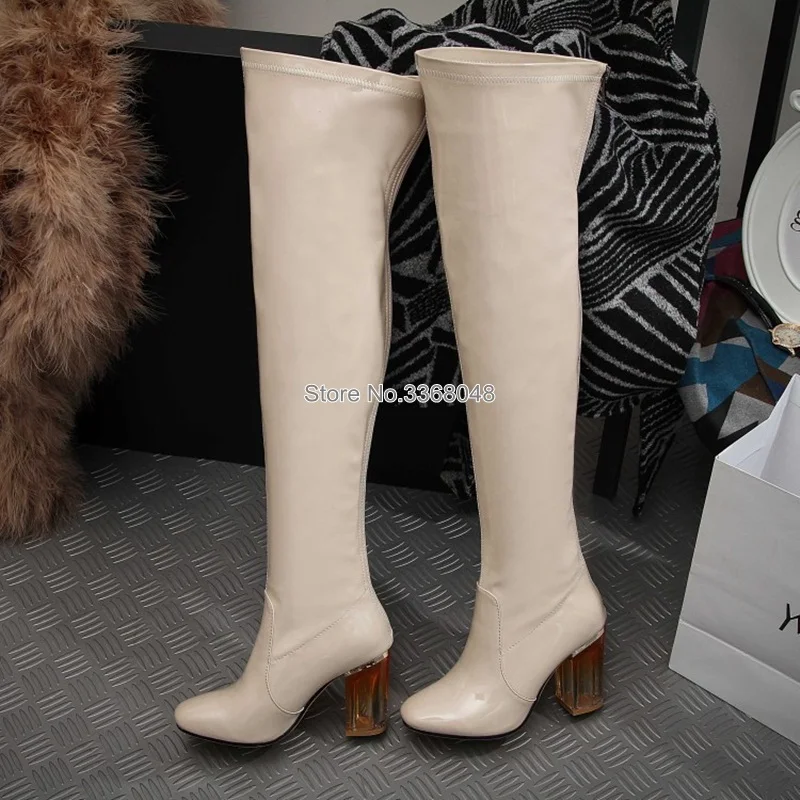 Женские очаровательные сапоги до колена из лакированной кожи с острым носком