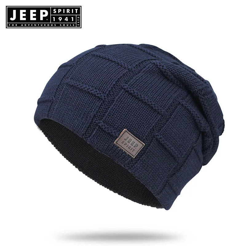 Бренд JEEP SPIRIT, шапка бини для мужчин и женщин, осенне-зимняя вязаная теплая шапка унисекс, женская шапка gorro invierno hombre - Цвет: Тёмно-синий