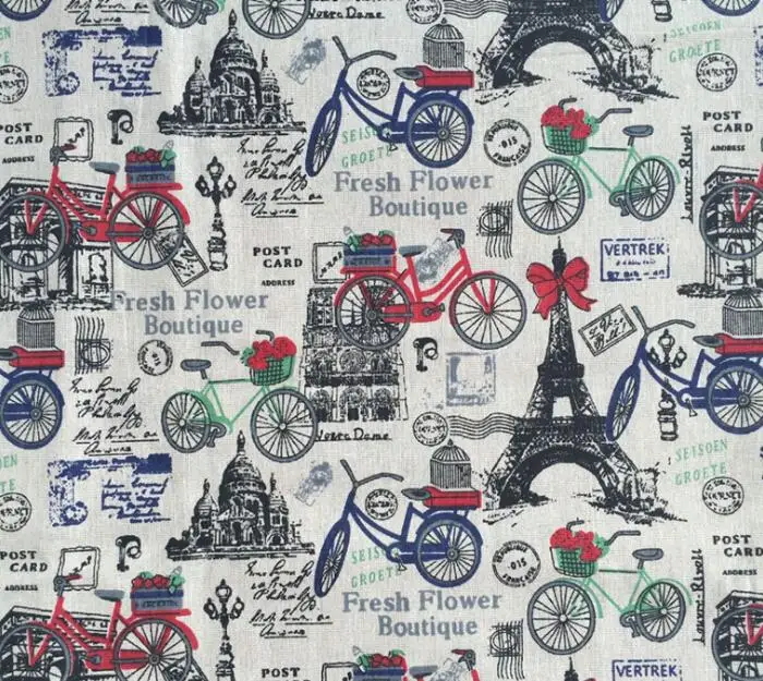 

bicycle and black tower printed linen cotton fabric DIY hand printing and dyeing cloth for sofa/luggage/tablecloth/cushion
