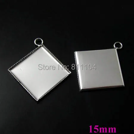 15x15mm New Silver tone Plated Copper Blank Bases Square Bezel cups w/ a loop Cabochon Settings Pendant Findings Wholesale