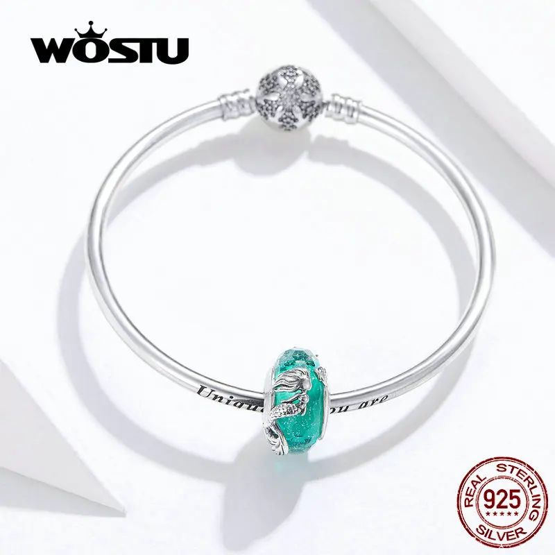 WOSTU, синие бусы Mermail, 925 пробы, серебряные амулеты, браслет& Bnagle для женщин, свадебные модные ювелирные изделия FIB832