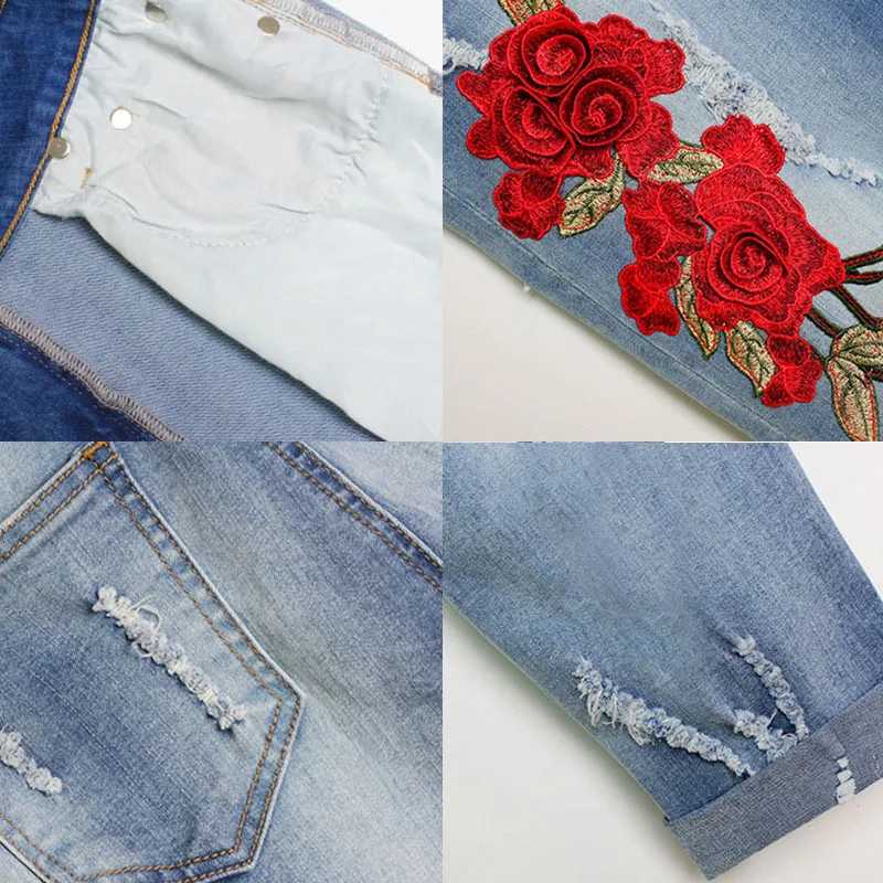 Вышивка цветочные 3D женские джинсы эластичные свободные рваные до икры длина