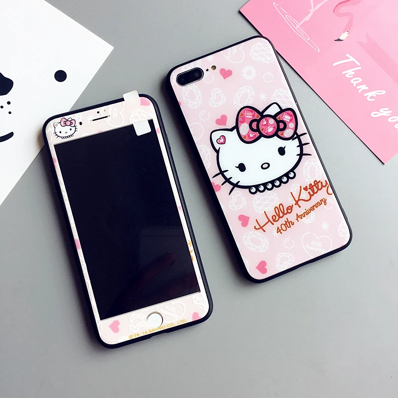 Стеклянная задняя чехол для iPhone 8 plus kitty + протектор экрана мультфильм Милый Котик