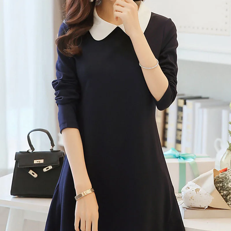 Женское платье трапециевидной формы цельное тонкое с длинным рукавом воротник