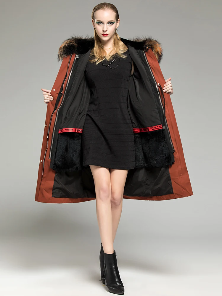 Женская парка с подкладкой из кроличьего меха длинное теплое пальто воротником