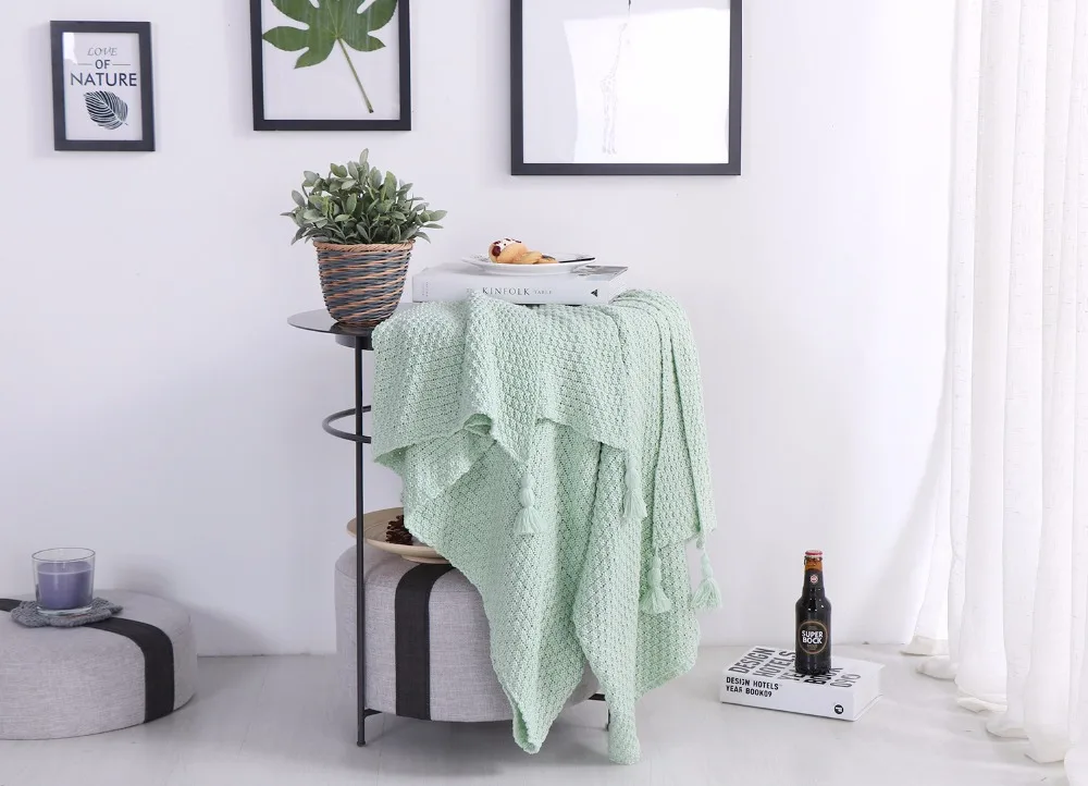 Новое теплое хлопковое мягкое вязаное одеяло с кисточками Пледы для дивана