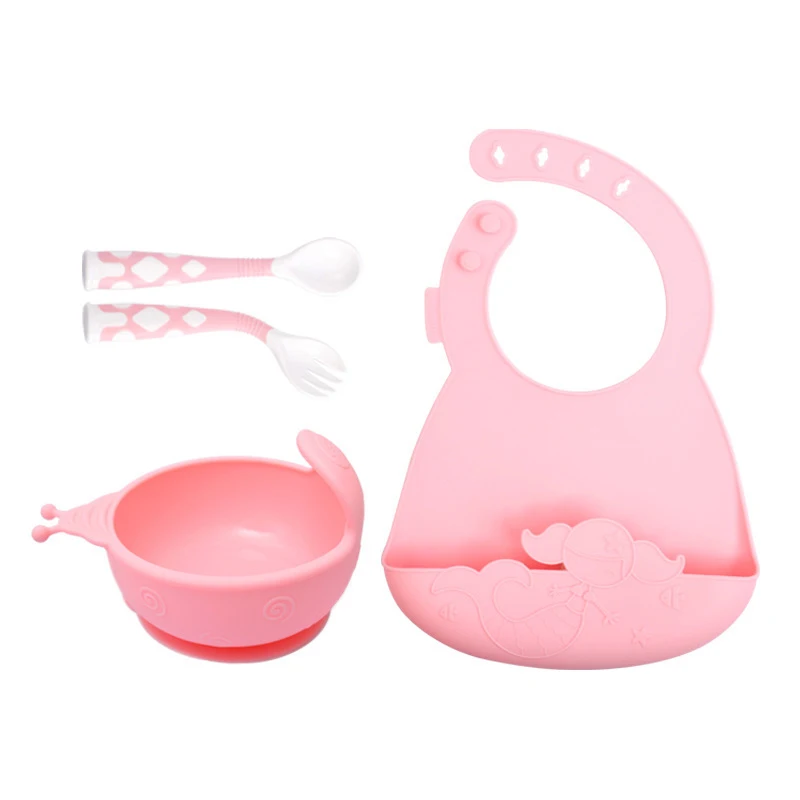 pink bowl set 4 шт./компл. Детские силиконовая пластина/миска+ ложка+ вилка+ нагрудник для кормления Еда набор посуды с изображением краба из мультика с защитой от опрокидывания обучение ужин лоток - Цвет: pink bowl set