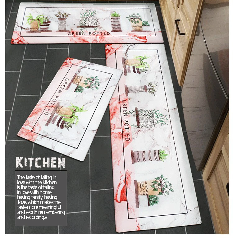 PVC Leather Rubber Kitchen Rugs Blue Cactus Flower Carpets Washable Non-slip Hallway Mat Durable Comfort Anti Fatigue Rug Runner