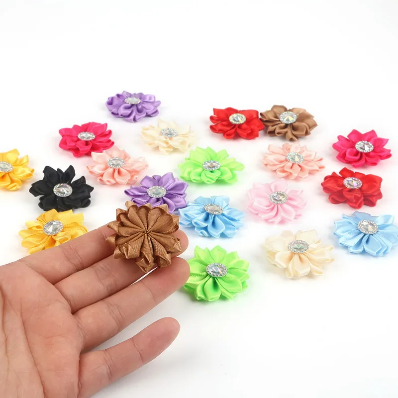 20 штук Ручной работы 4 см Маленькие Тканевые Цветы с Пришивными стразами для Шитья Свадебные Аксессуары для Детских Ободков.