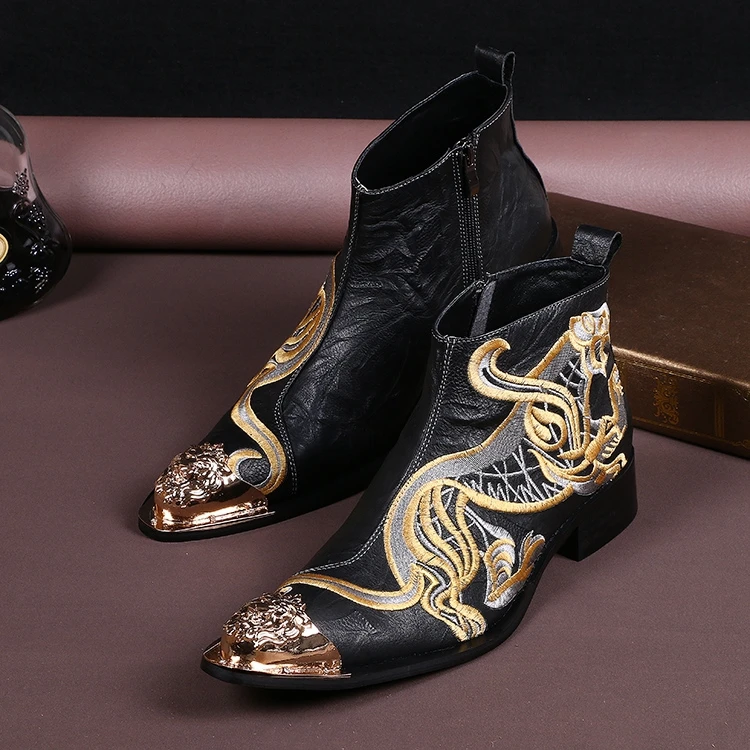 

Embroidery Gold Dragon Men Boots Genuine Leather Wedding Ankle Boots Men High Top Winter Shoes Mens Dress Shoes Hombre Vestir