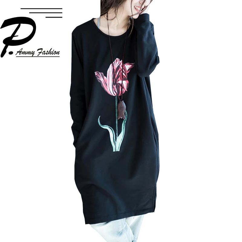 2018 Новый женский осенне зимний Корейский принт тюльпан круглый вырез с разрезом