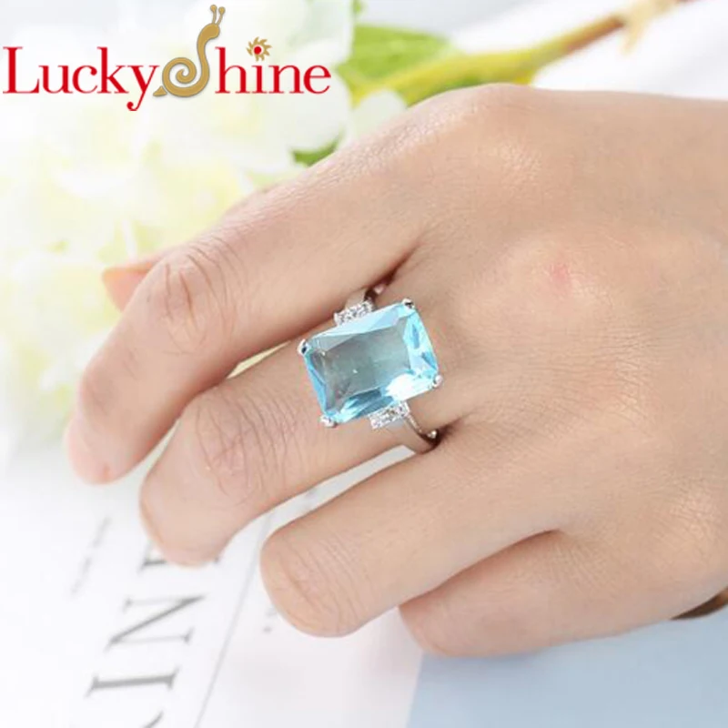 

Luckyshine AAAA Classic Fire Sky Blue Crystal Cubic Zirconia Silver Rings for Women Wedding Party Holiday Christmas Gifts