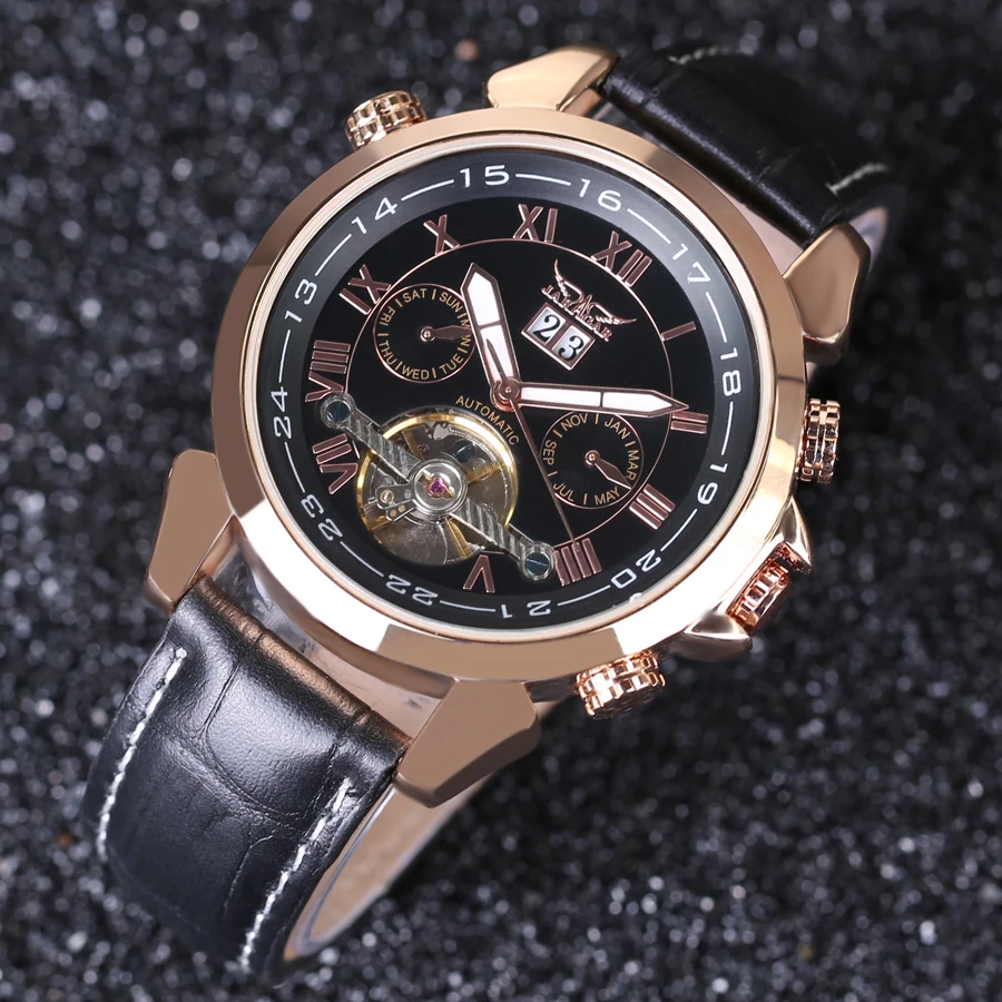 Часы Jaragar Мужские с 2 циферблатами классический дизайн турбийон черный кожаный