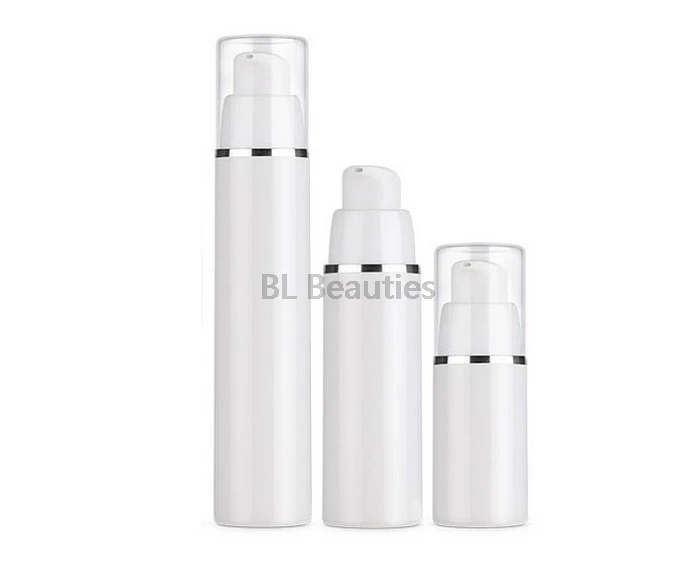 

100pcs/lot 15ml 30ml 50ml White Airless Lotion Pump Dispensing Bottle 1oz PP Cosmetic Containers Packaging With Silver Edge