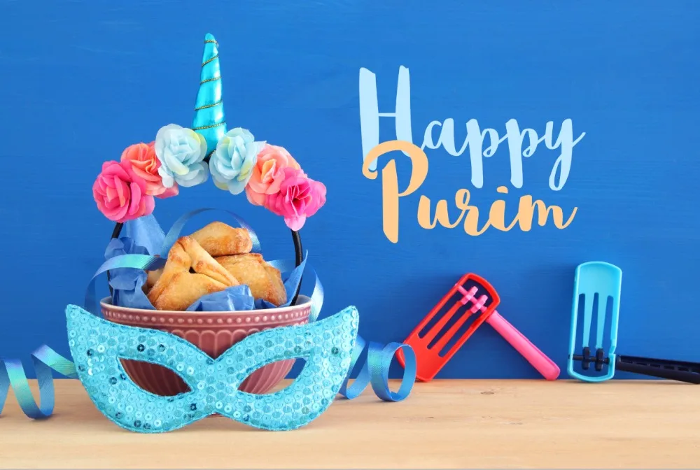 

7x5 футов Happy Purim синяя стена Единорог Рог хлеб корзина маска пользовательская фотостудия фон винил 220 см x 150 см