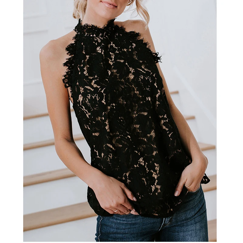 Летняя женская рубашка новинка 2019 сексуальный кружевной топ повседневная черная