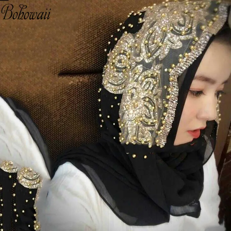 Шарф BOHOWAII хиджаб для мусульманок Золотой блестящий простой цветной шарф шаль