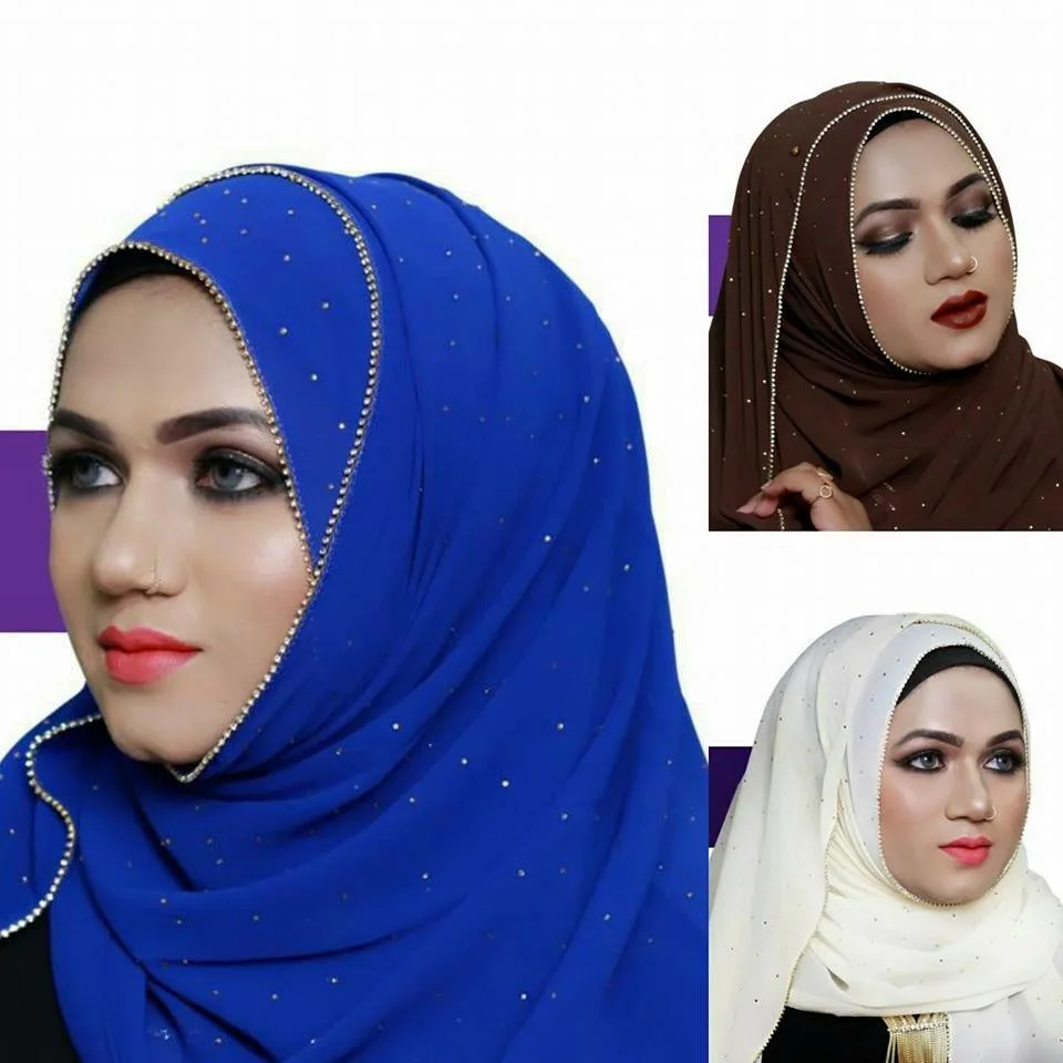 

2021 Plain Pearl Bubble Chiffon Gold Diamond Glitter Instant Hijab Shawl Lady Wraps and Scarves Headband Arab Maxi Muslim Sjaal