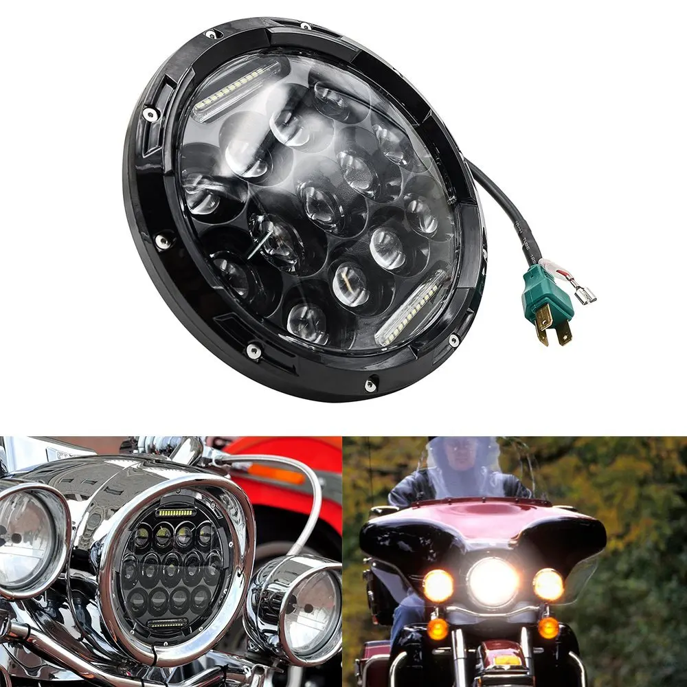 

7 Inch Round LED Headlight DRL 75W High Low Beam Work Lamps with H4 H13 Adapter for Motorcycles (Black/Silver)