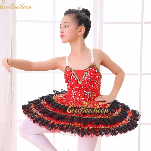 Балетное танцевальное платье для девочек красное черное кружевное с блестками и