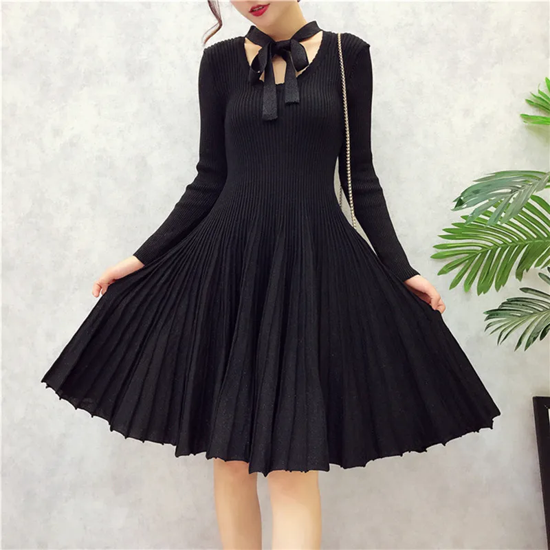 Женское плиссированное платье с длинным рукавом круглым вырезом | Женская одежда