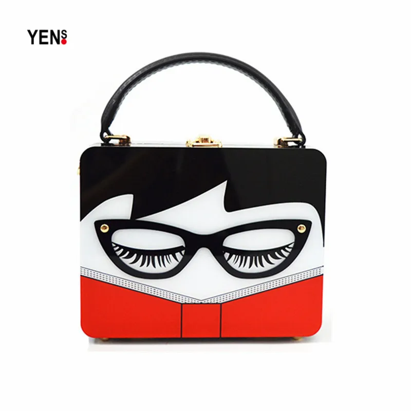 

Brand Fashion New Women Acrylic Clutch Novel Evening bag Small Cartoon Messenger Bag Glass Lady Face Handbag Woman Shoulder Bag