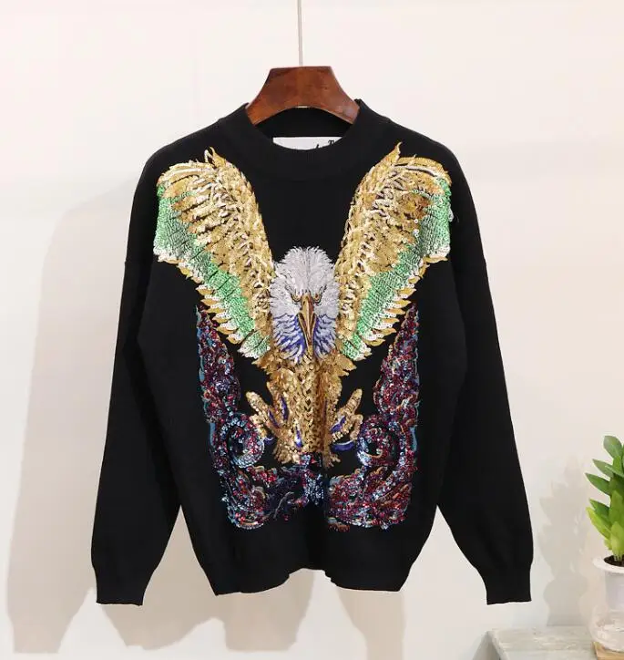 Autumn Knitwear Two Pieces Set Womans Two-piece Suit Sequins Eagle Sweater + Casual Trousers Ladies Knitting Pants Femme |