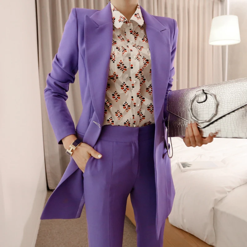 Женские Брючные костюмы деловые Длинные Блейзер двубортный женский офисный