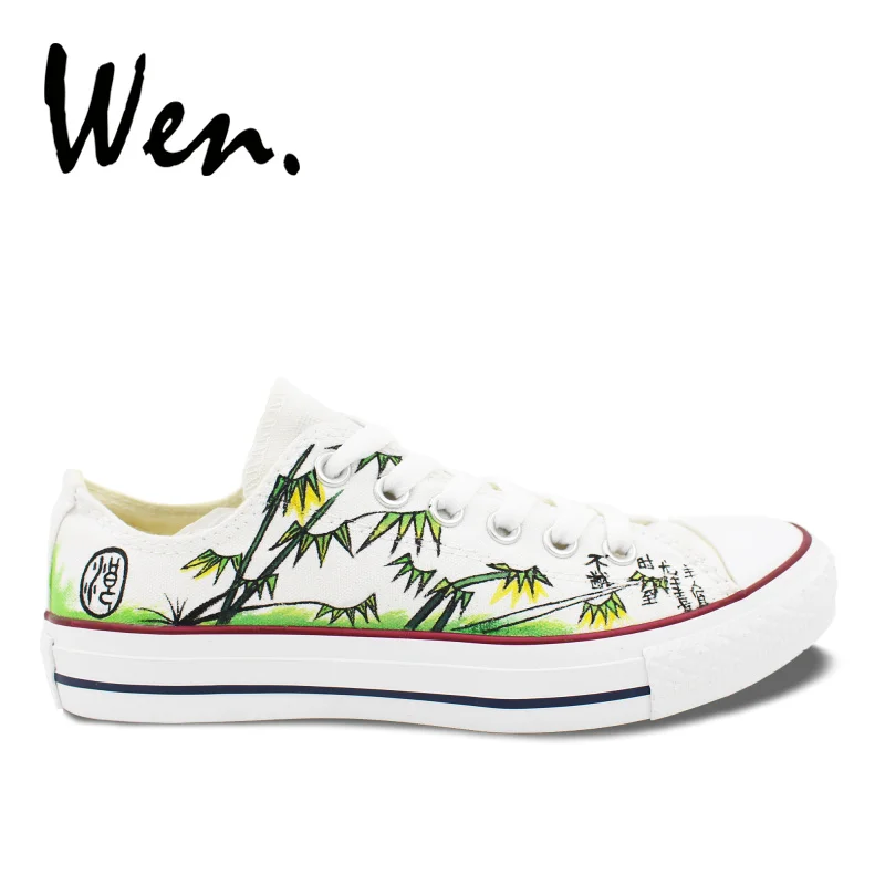 

Wen Original Hand Painted Shoes Design Custom Chinoiserie Bamboo Men Women's Low Top White Canvas Sneakers for Gifts