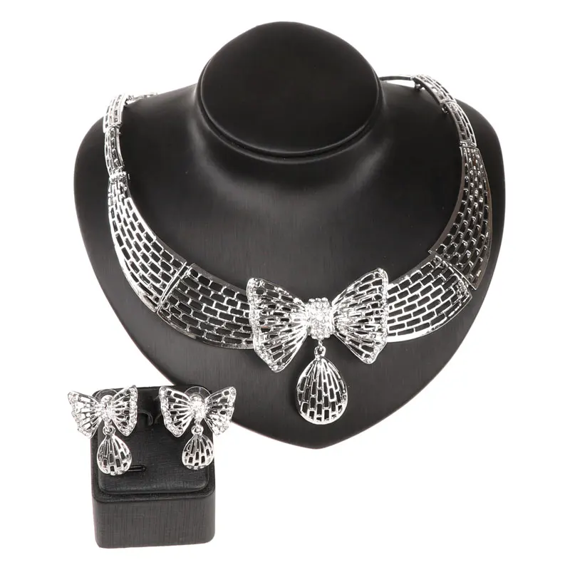 Fashion Silver Plated Jewelry Sets For Women Crystal Butterfly Pendant Necklace Earring Jewellery Set Bridal Wedding Accessories | Украшения
