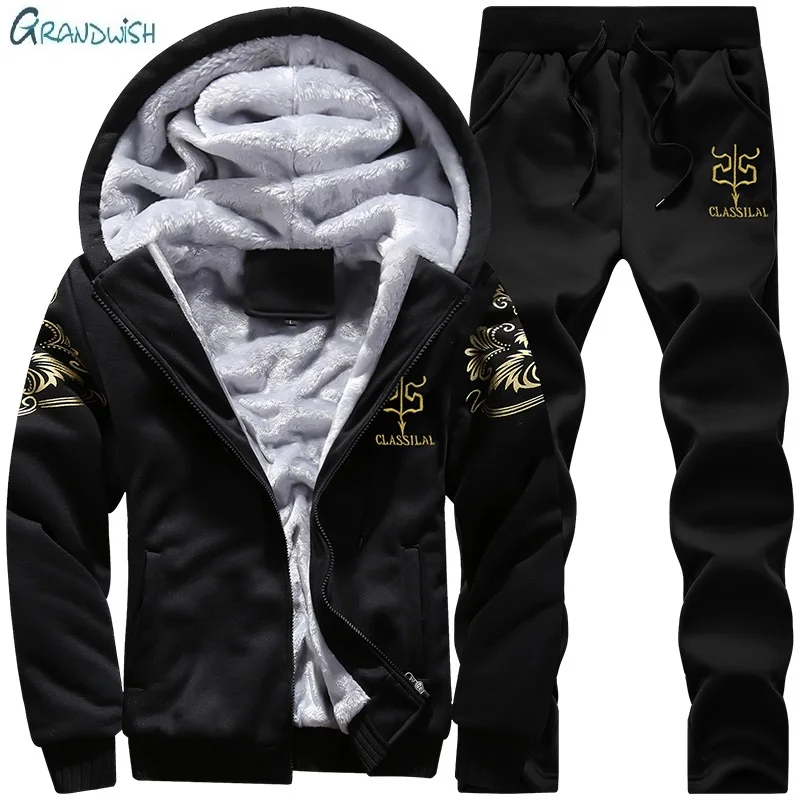

Grandwish Men Tracksuit Set Winter Fleece Hood Jacket+Pants Sweatshirts 2 Piece Set Hoodies Sporting Suit Coat SportSet , GA120