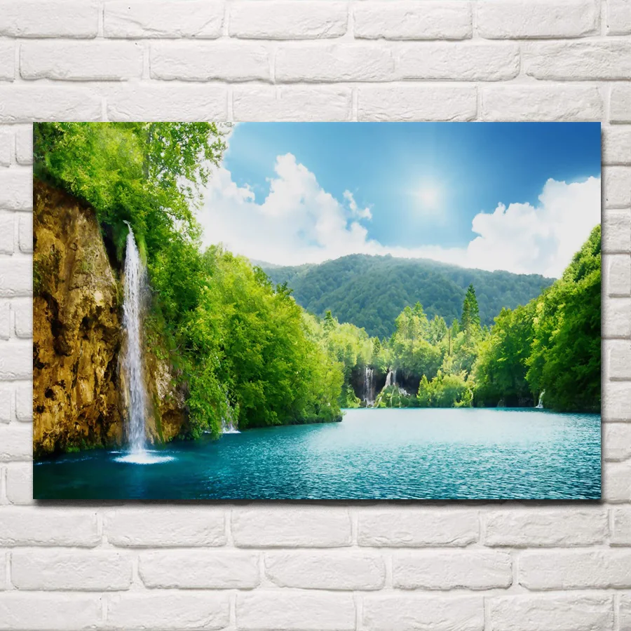 

bright nature landscape mountain waterfall lake posters on the wall picture home living room decoration for bedroom KB685