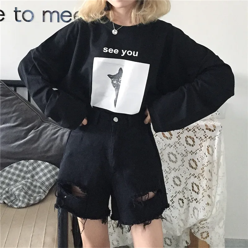 YouGeMan футболка Femme Осень корейский стиль Ulzzang Harajuku мультяшный принт длинный рукав футболка женская повседневная с o-образным вырезом топы