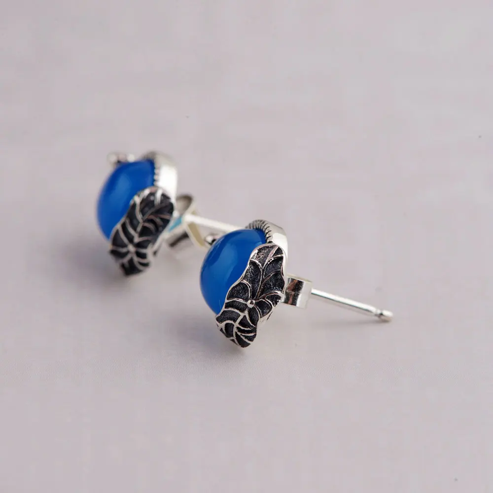 Женские серьги гвоздики из серебра 925 пробы с голубым халцедоном|silver stud earrings|925